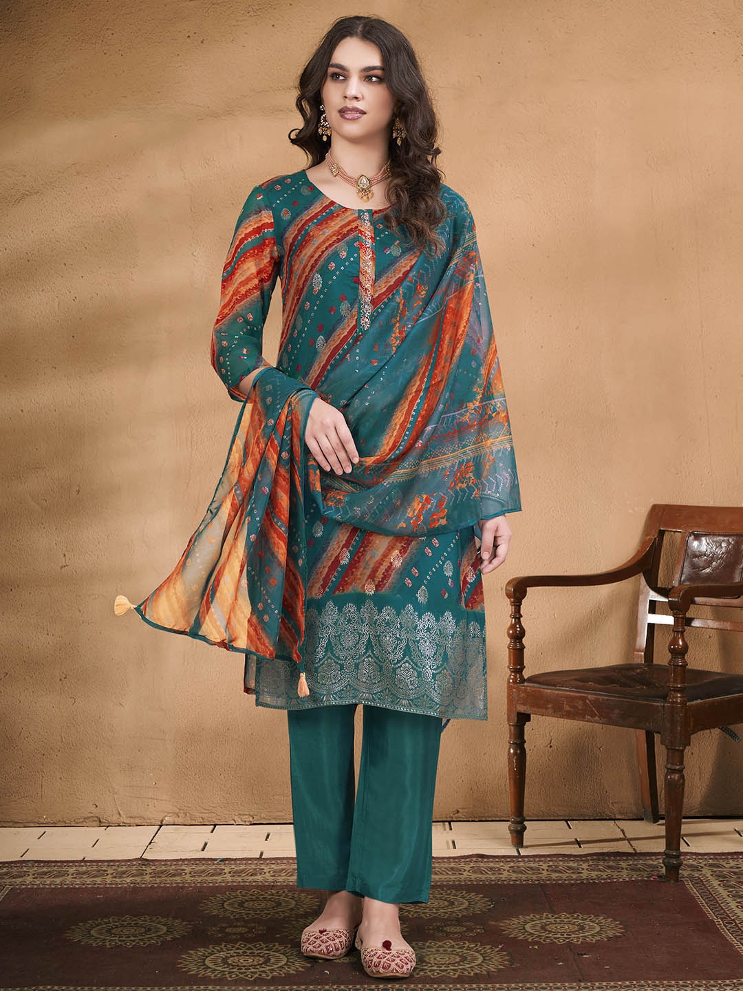 

Anouk Teal Green and Red Printed Round Neck Straight Kurta With Trouser & Dupatta