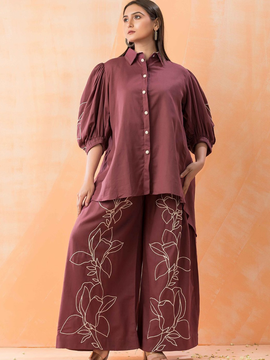 

Zolo Label Floral Embroidered Shirt & Trousers, Maroon