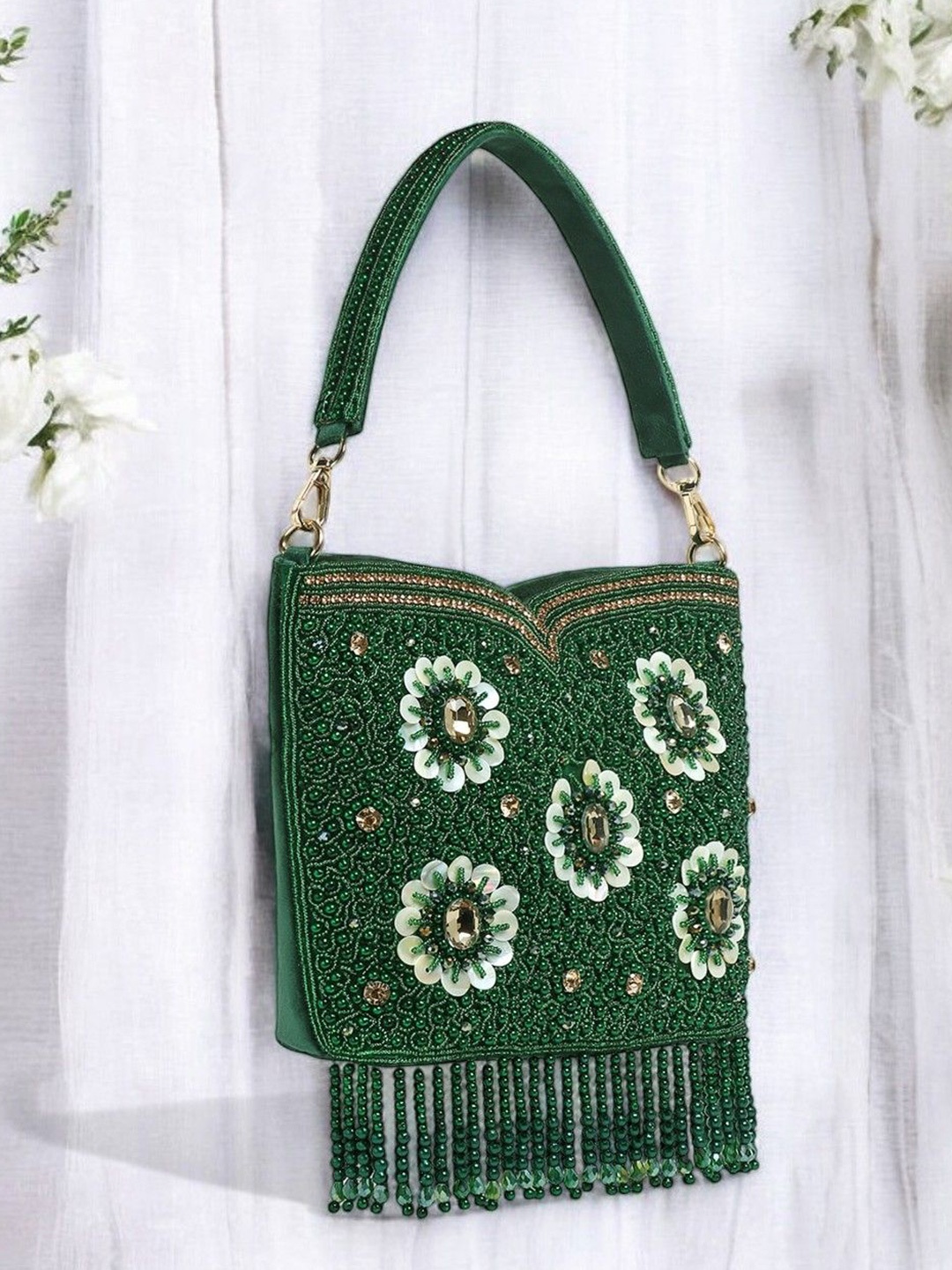 

Exotic Embellished Jute Purse Clutch, Green