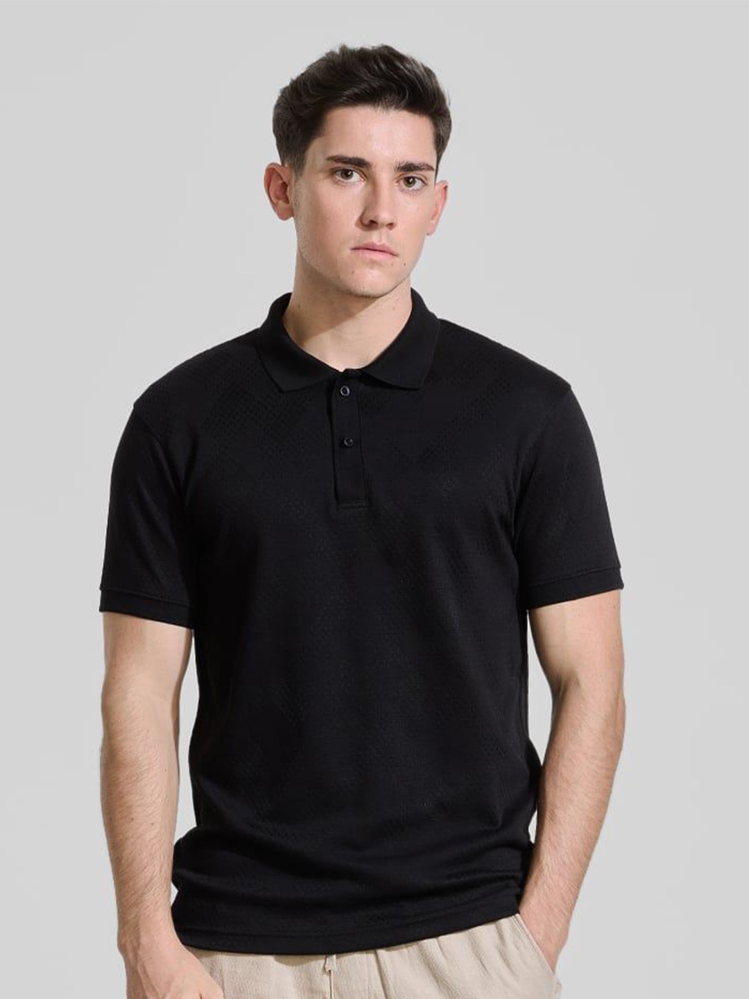 

Snitch Men Self Design Polo Collar Cotton T-shirt, Black