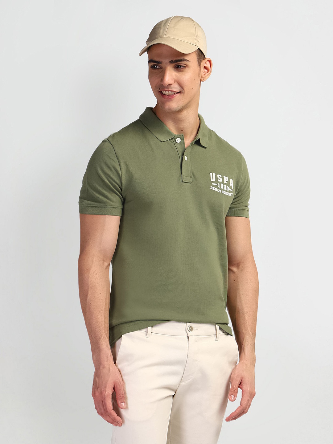 

U.S. Polo Assn. Denim Co. Pure Cotton Brand Logo Printed Polo Collar Slim Fit T-shirt, Olive