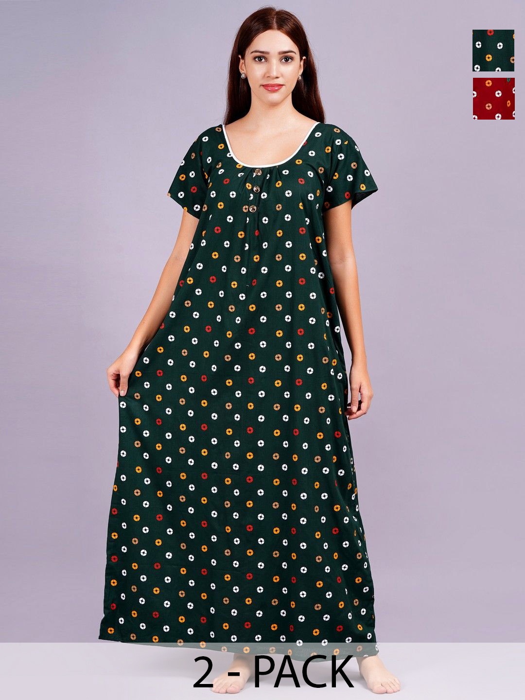 

Breezly Pack Of 2 Women Printed Pure Cotton Maxi Nightdress, Red