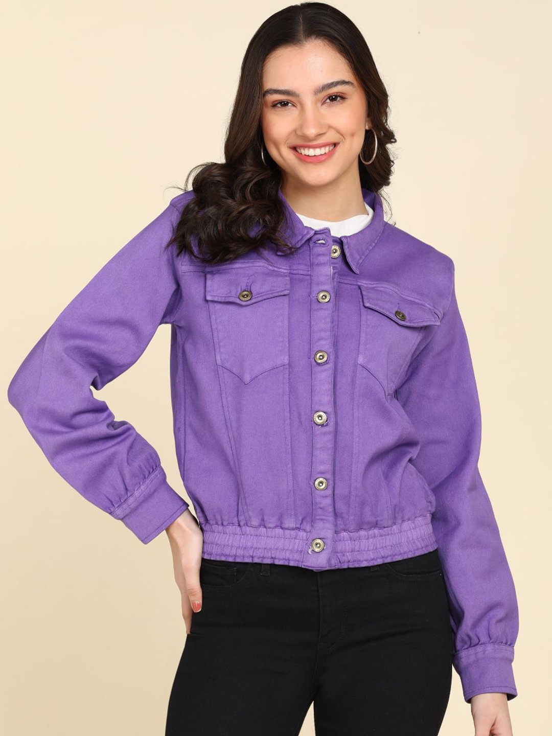 

DLOB Women Solid Spread Collar Denim Jacket, Purple