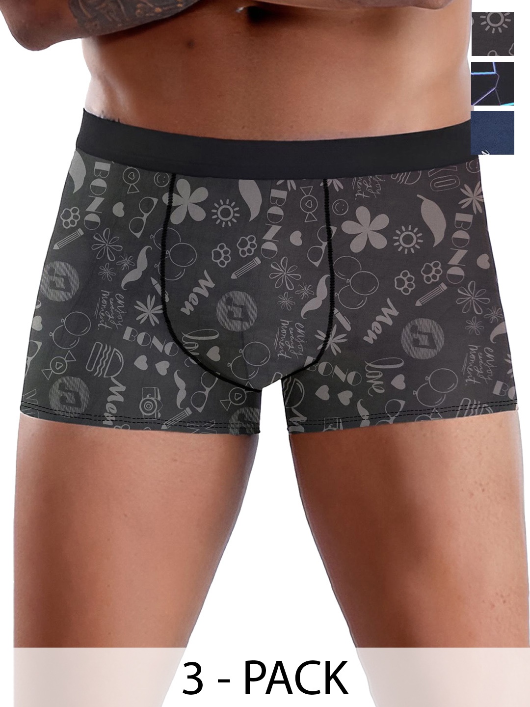 

DISPENSER Pack Of 3 Men Printed Breathability Trunk, Black