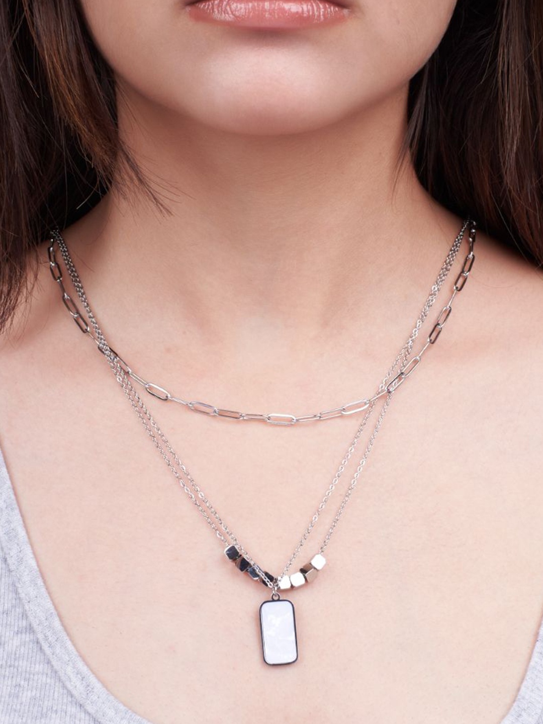 

SALTY Stainless Steel Stone Studded Layered Necklace, Silver