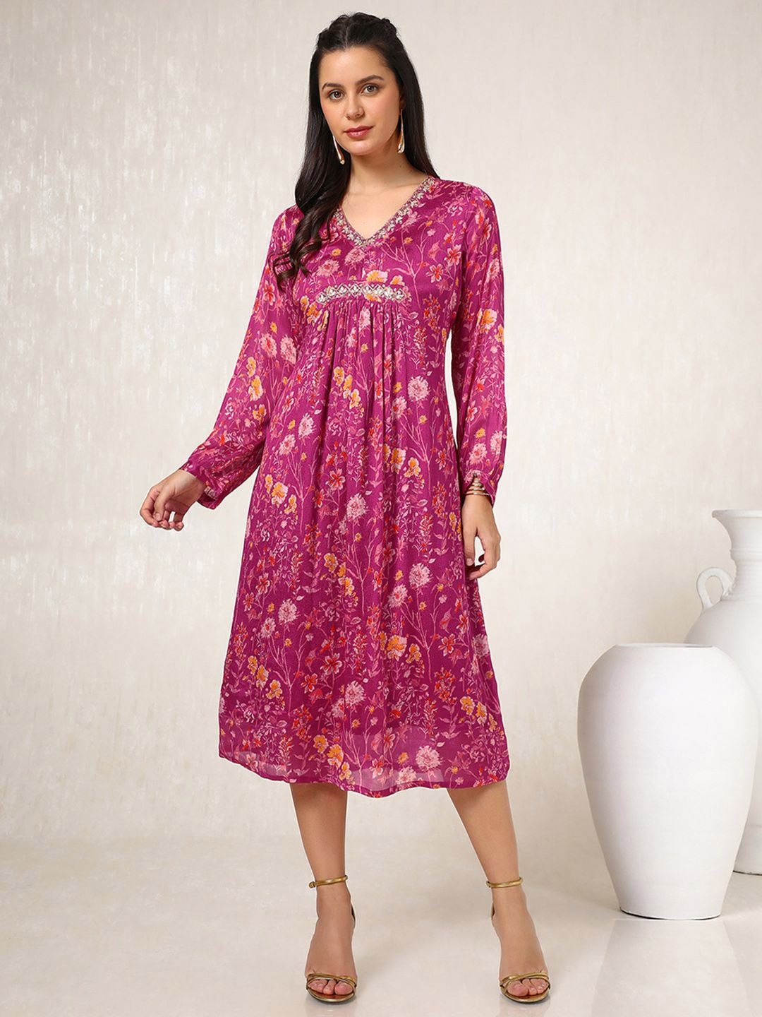

Soch Women Floral Print A-Line Midi Dress, Pink