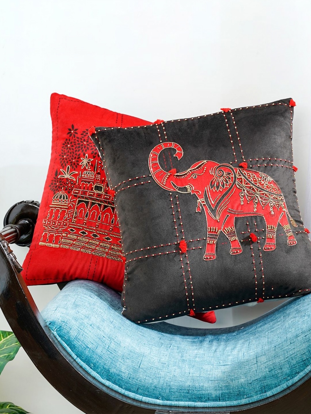 

Mid July Home Black & Red Set of 2 Ethnic Motifs Velvet Square Cushion Covers