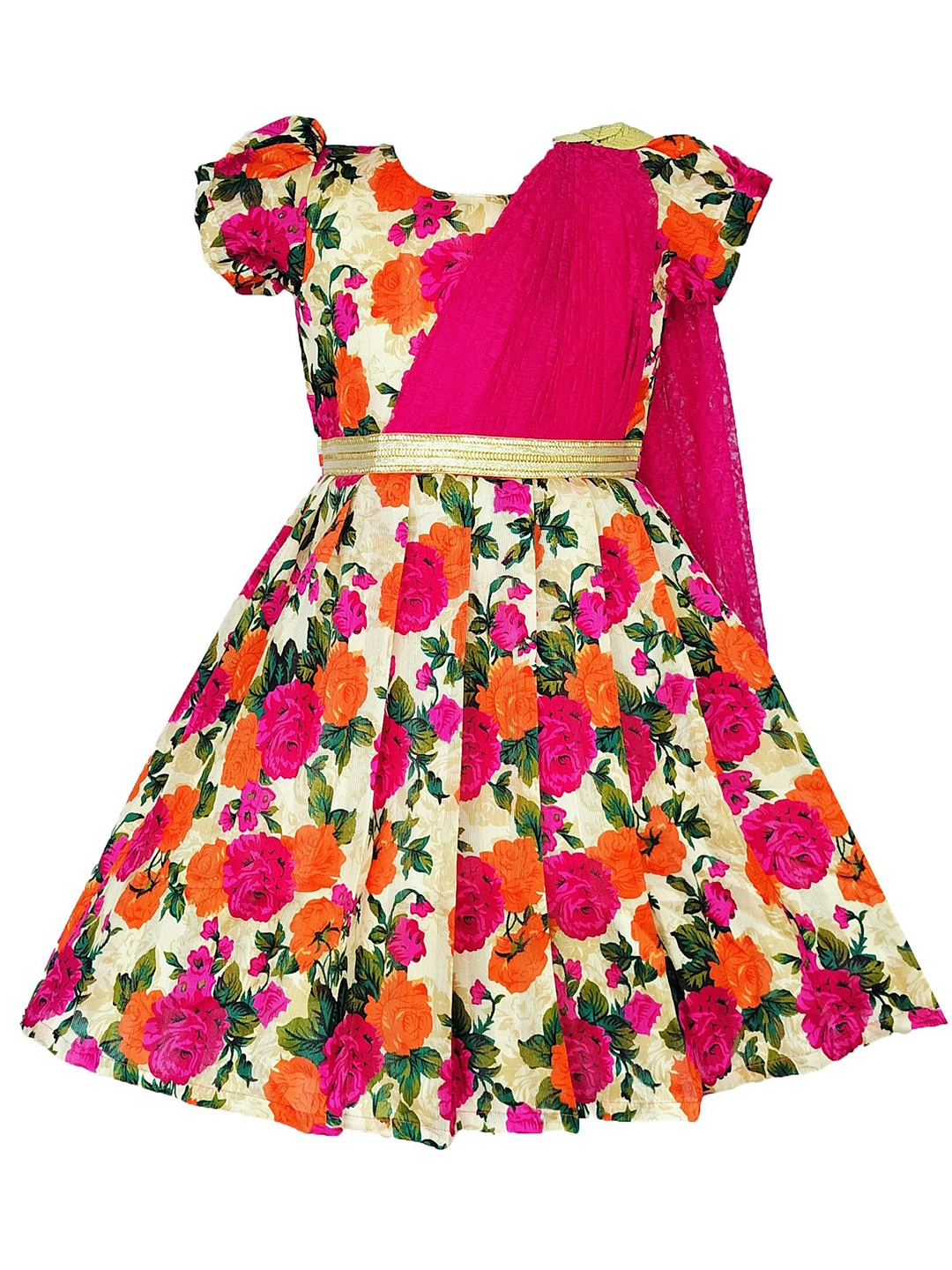 

BAESD Girls Silk Ethnic Floral Printed Embellished Paithani Half Saree Dress, Pink