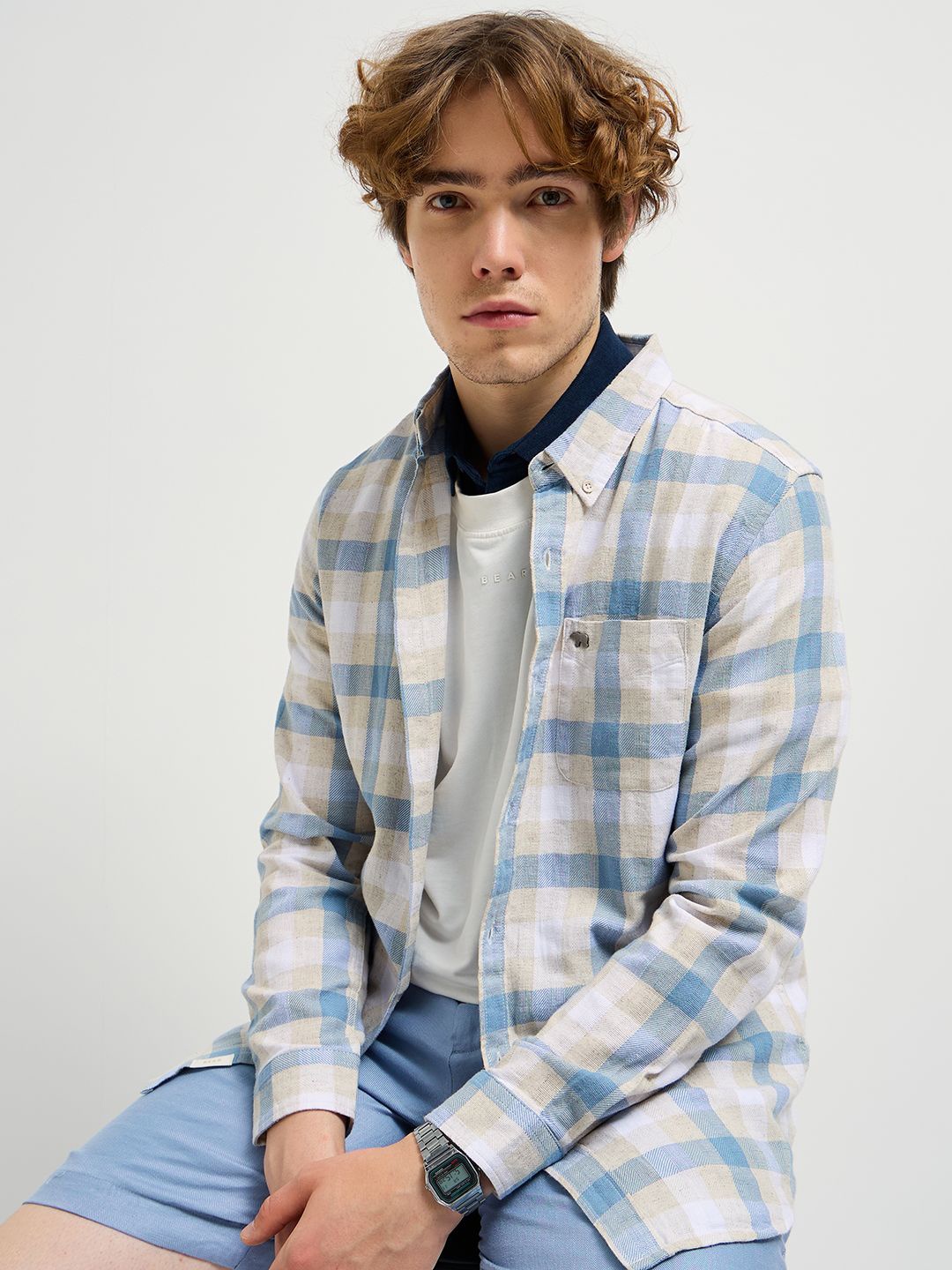 

THE BEAR HOUSE Men Button-Down Collar Tartan Checked Cotton Casual Shirt, Beige