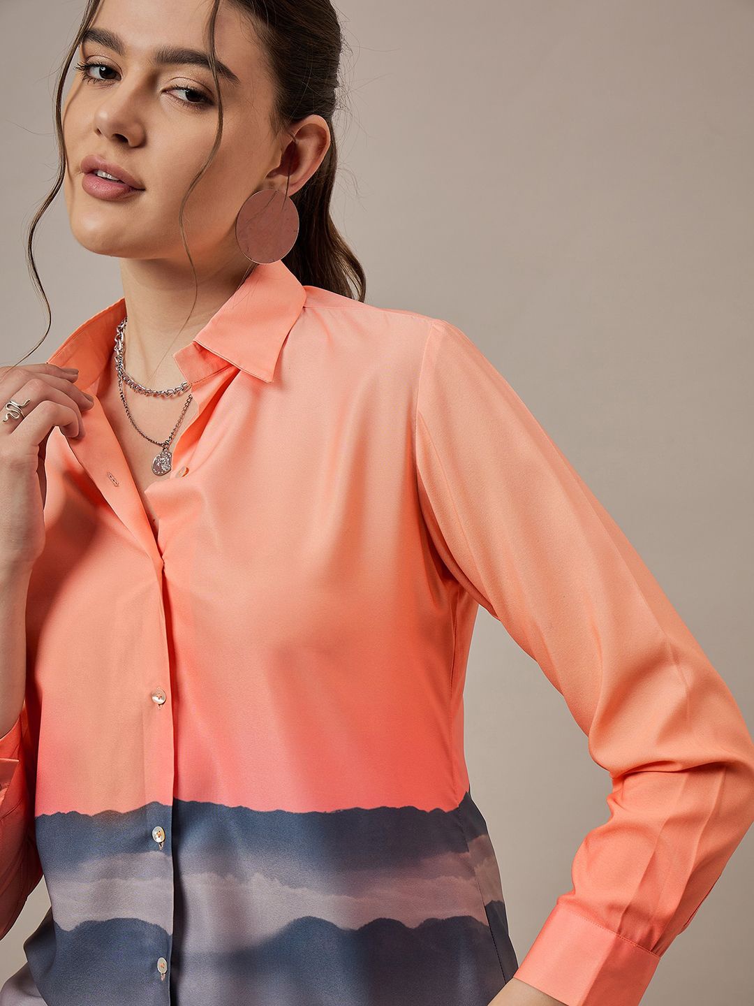 

The Roadster Lifestyle Co. Women Spread Collar Colourblocked Crepe Casual Shirt, Peach