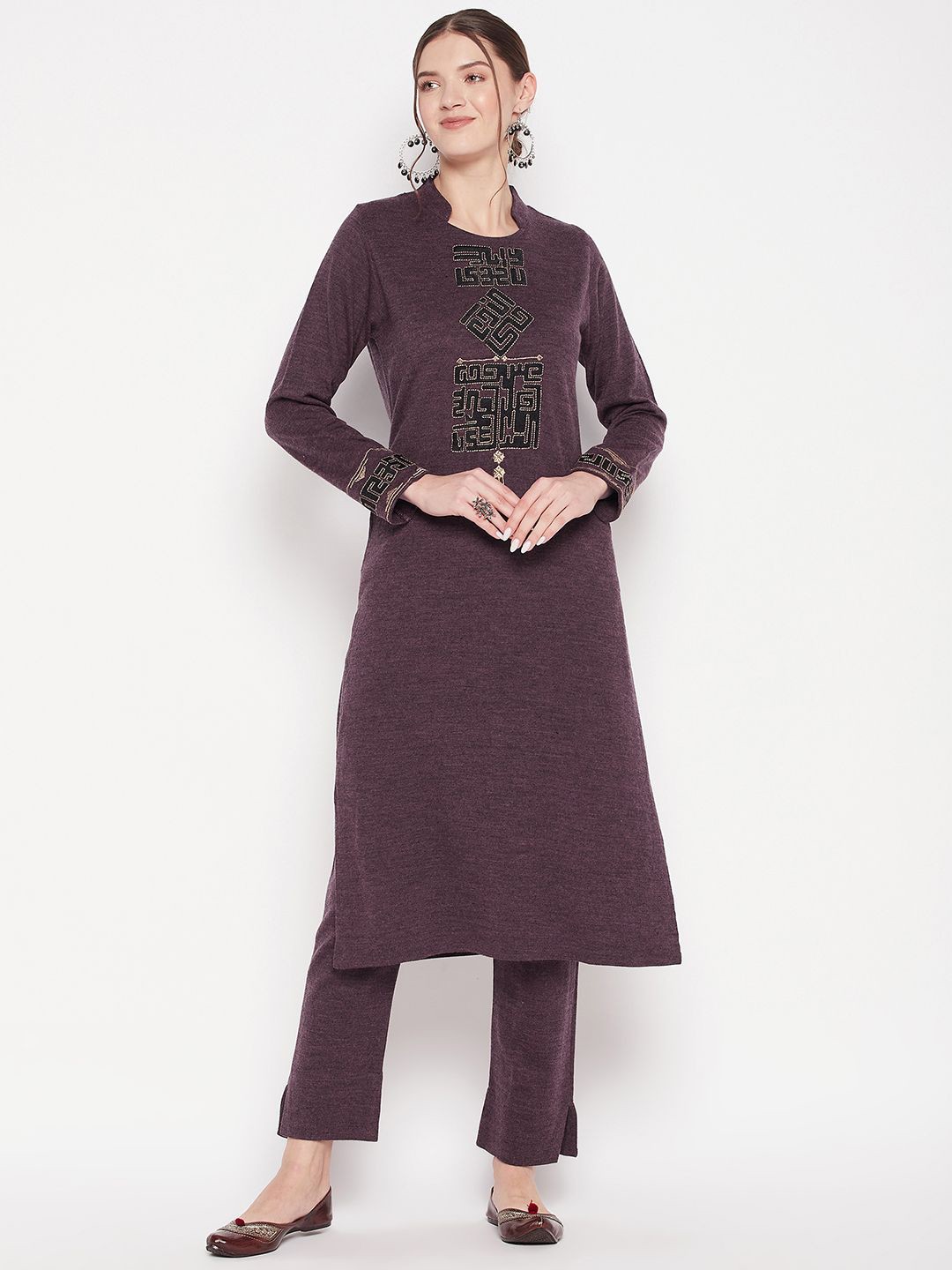 

Zigo Winter Wear Embroidered Regular Thread Work Pure Wool Straight Kurta with Palazzos, Purple