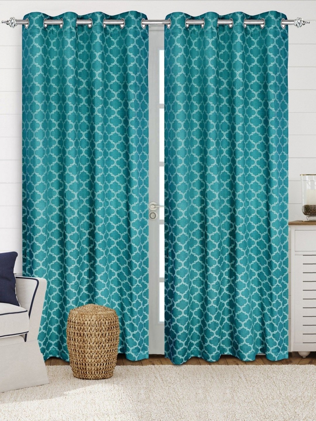 

Saral Home NOOR Teal 2 Pieces Geometric Woven Cotton Room Darkening Long Door Curtains