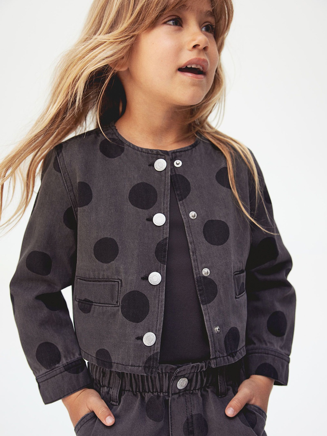 

H&M Girls Printed Denim Jacket, Grey