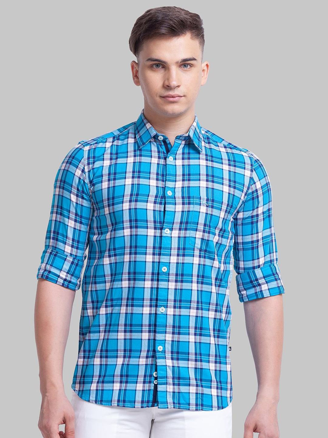 

Parx Men Slim Fit Tartan Checks Opaque Checked Casual Shirt, Blue