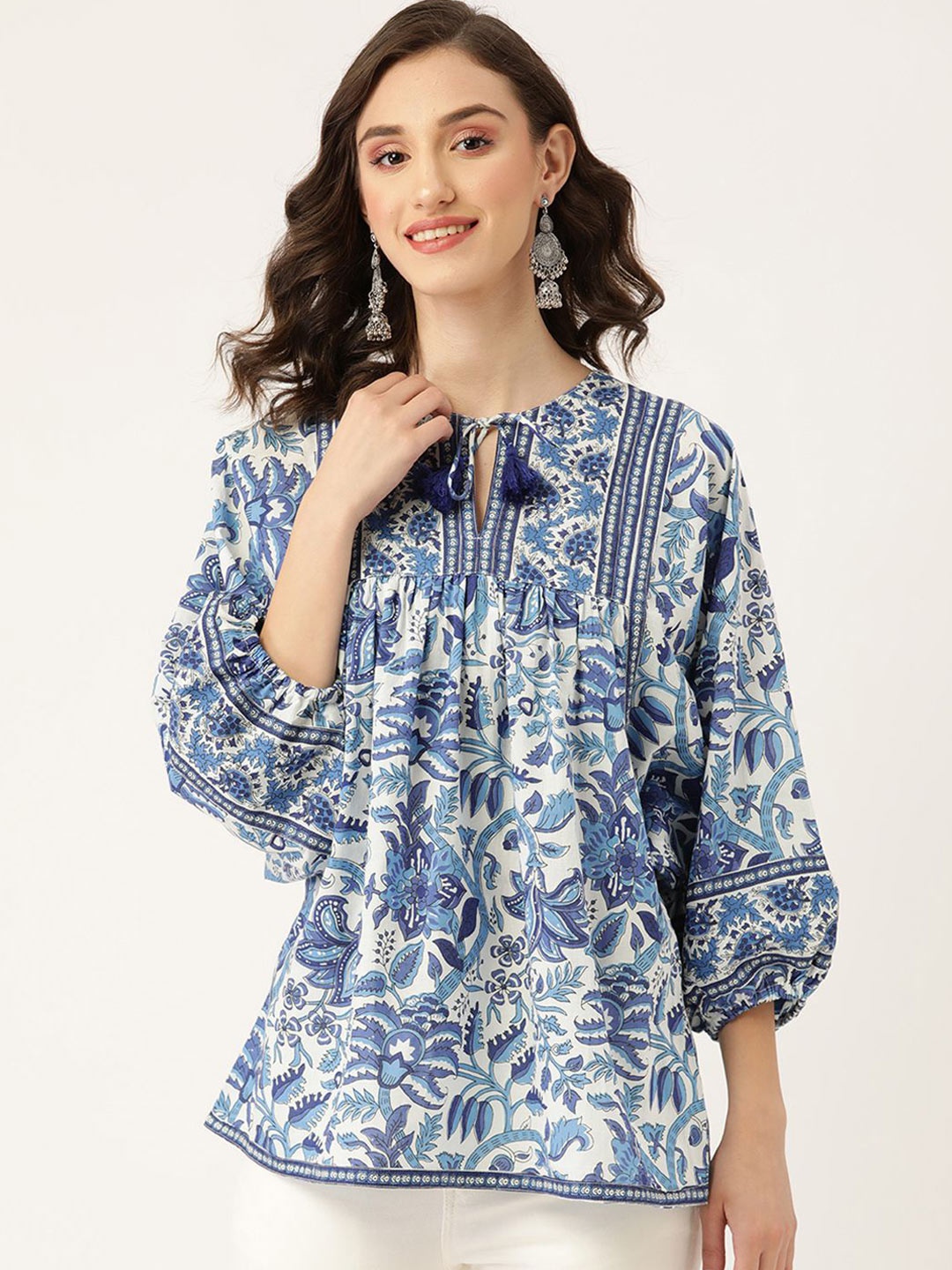 

Jaipur Morni Women Floral Printed Tie-Up Neck Pure Cotton Top, Blue