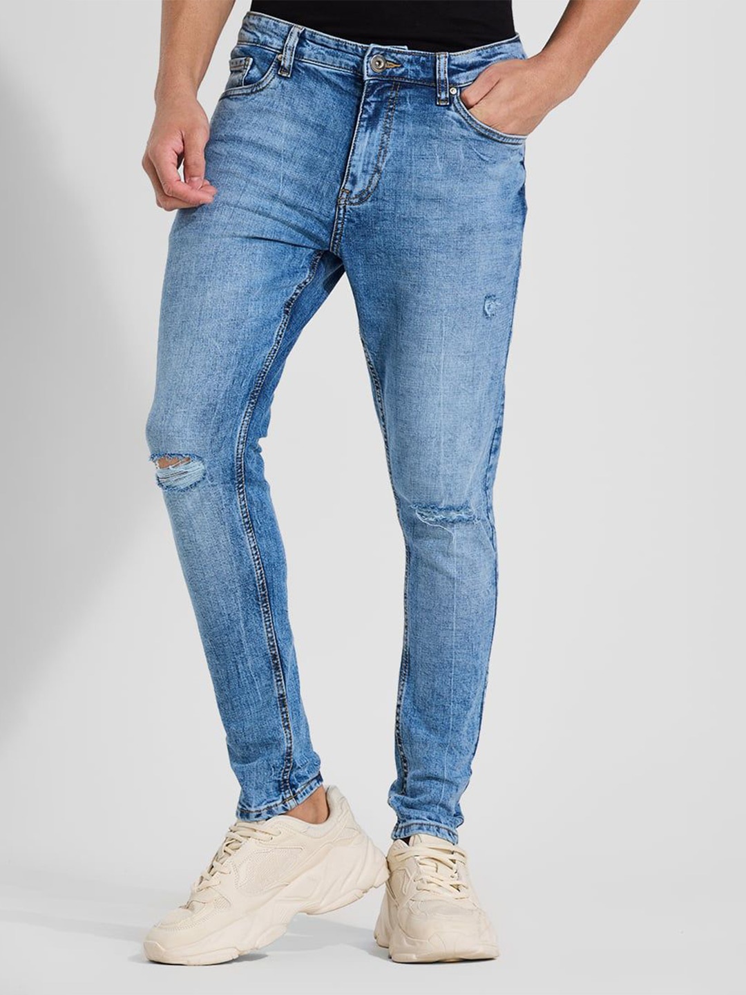 

Snitch Men Narrow Skinny Fit Mildly Distressed Light Fade Stretchable Jeans, Blue