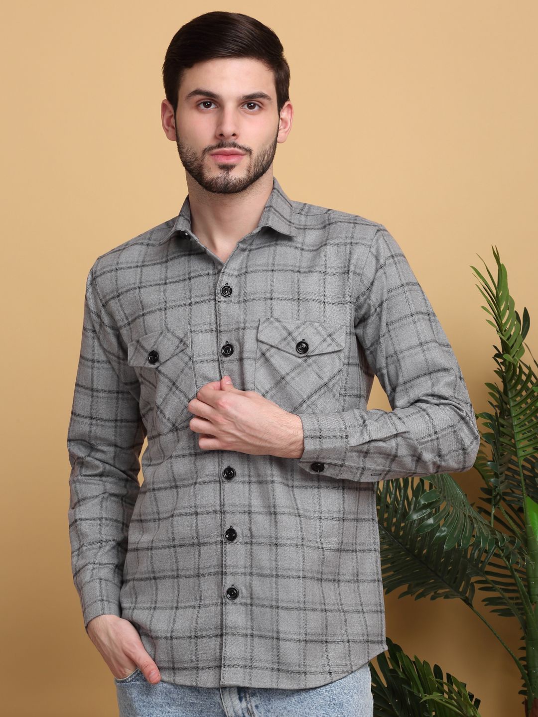 

KLOTTHE Men Spread Collar Tartan Checked Wool Casual Shirt, Grey