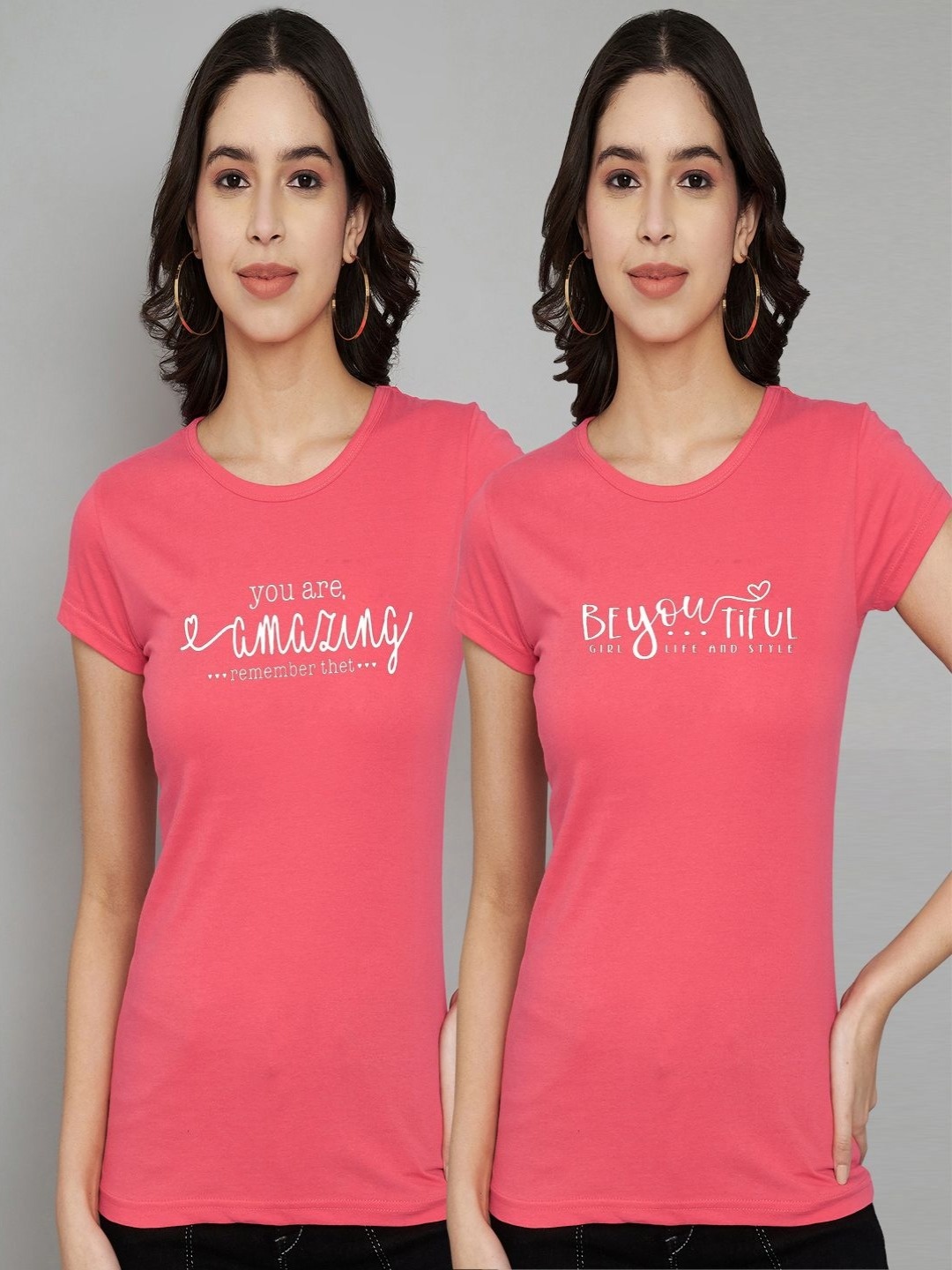 

Trend Level Women Pack Of 2 Typography Printed Round Neck Cotton T-shirts, Coral