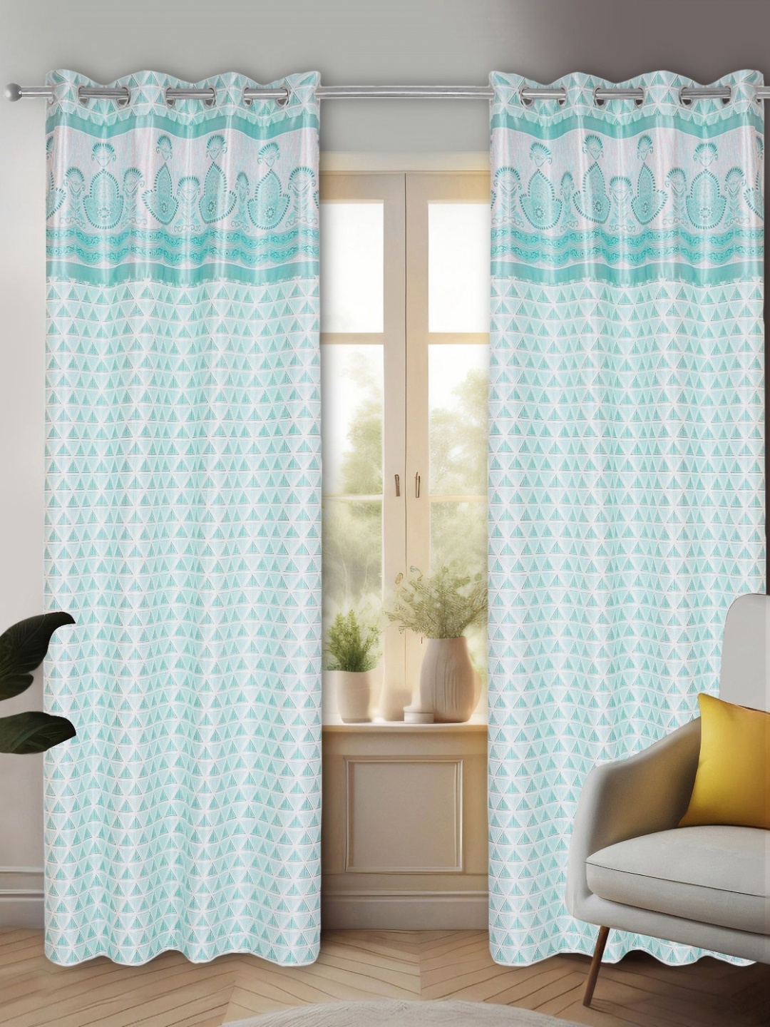 

REYANSH DECOR Turquoise Blue & White 2 Pieces Floral Room Darkening Long Door Curtains