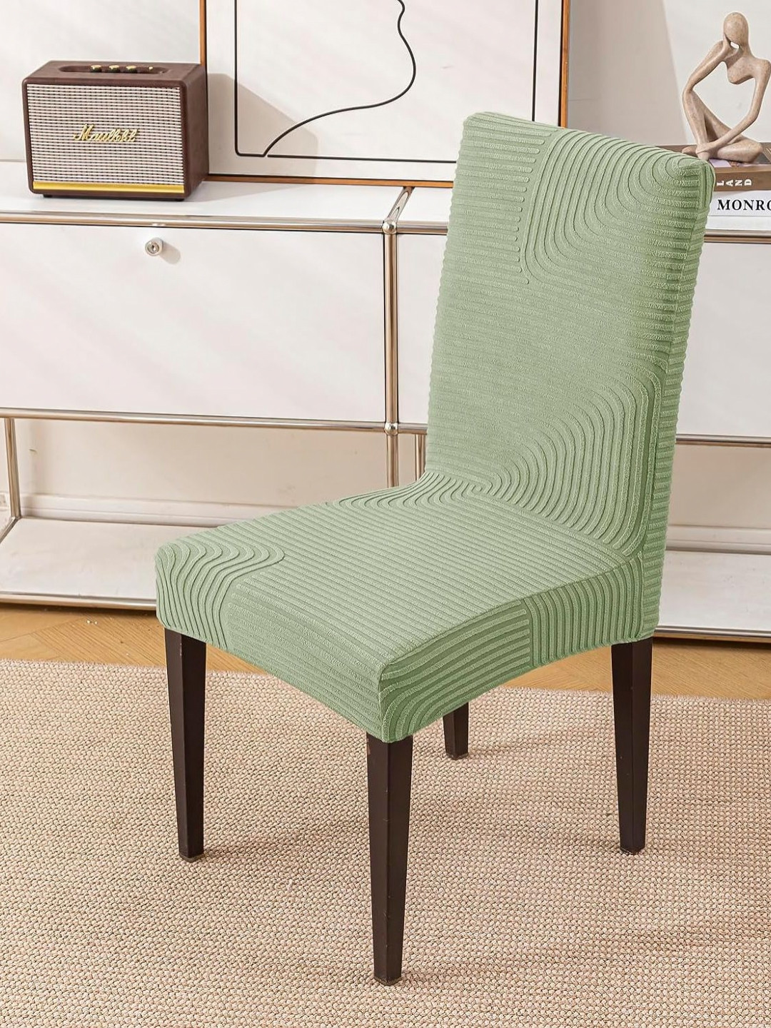 

HOUSE OF QUIRK Green 8 Pieces Striped Jacquard Removable & Washable Chair Covers