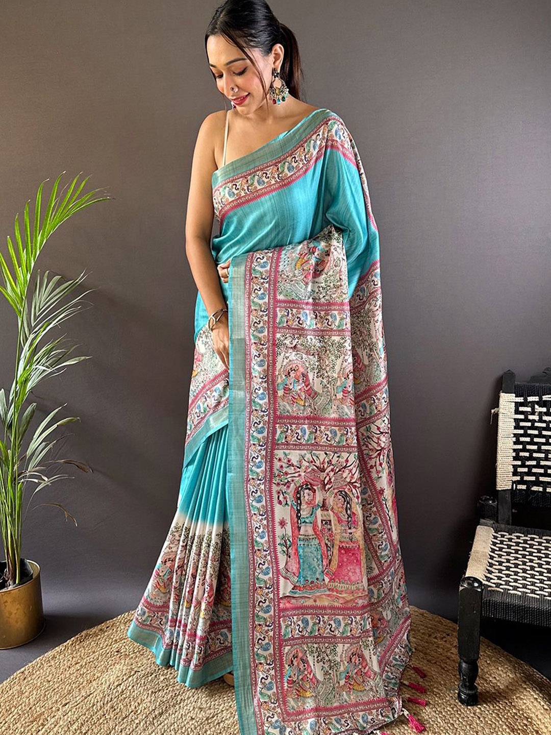 

SGF11 Kalamkari Zari Pure Silk Kanjeevaram Saree, Blue