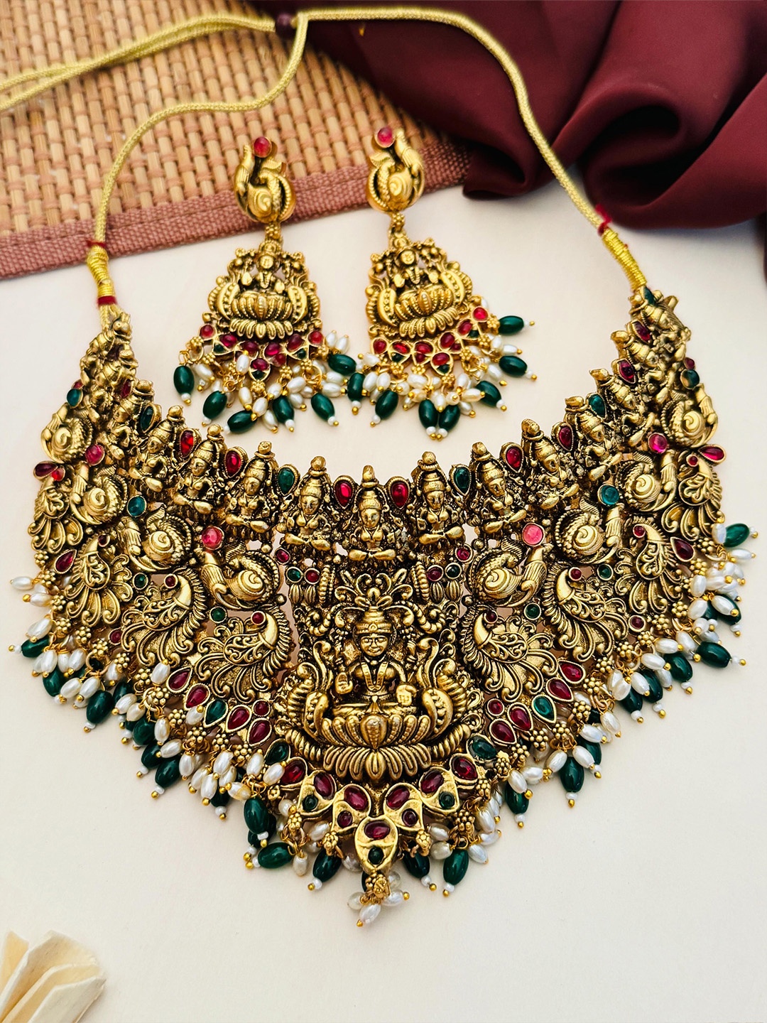 

ABDESIGNS Sophisticated Gold-Plated Kundan Studded & Beaded Lakshmi God Jewellery Set