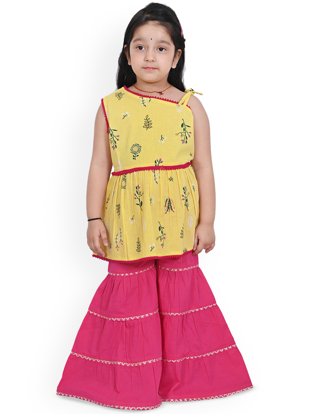 

Cloth Bites Girls Floral Printed Regular Gotta Patti Pure Cotton Kurti With Sharara, Yellow