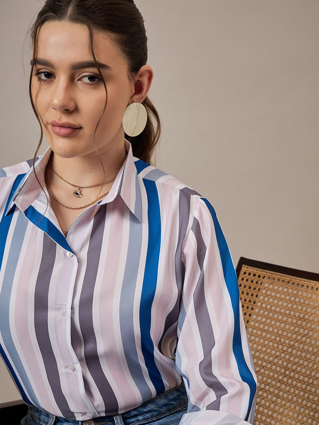 

The Roadster Lifestyle Co. Women Spread Collar Vertical Striped Crepe Casual Shirt, Peach