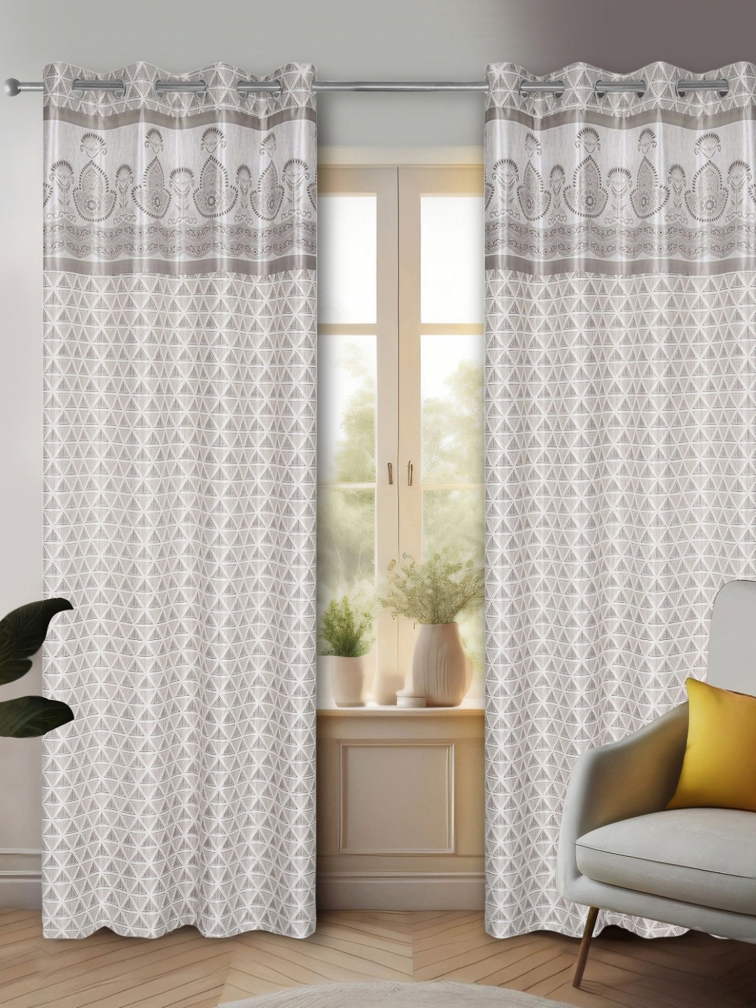 

REYANSH DECOR Brown & White 2 Pieces Floral Room Darkening Window Curtains