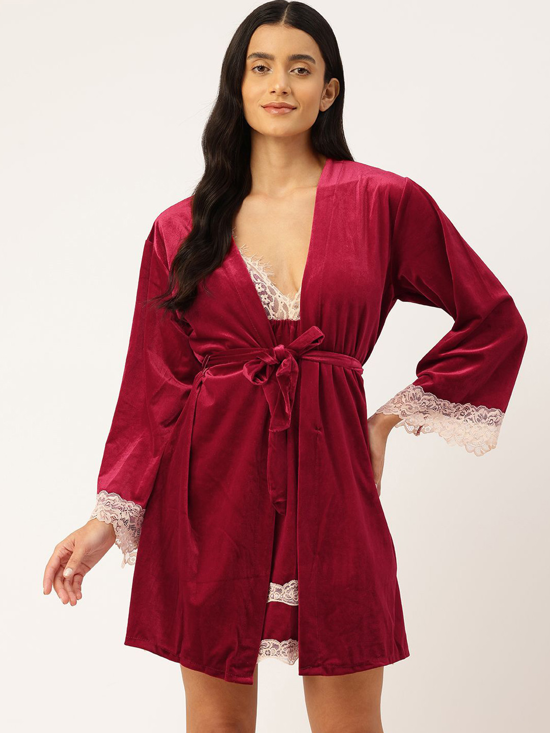 

Ms.Lingies Self Design Shoulder Straps Robe Baby Doll, Maroon