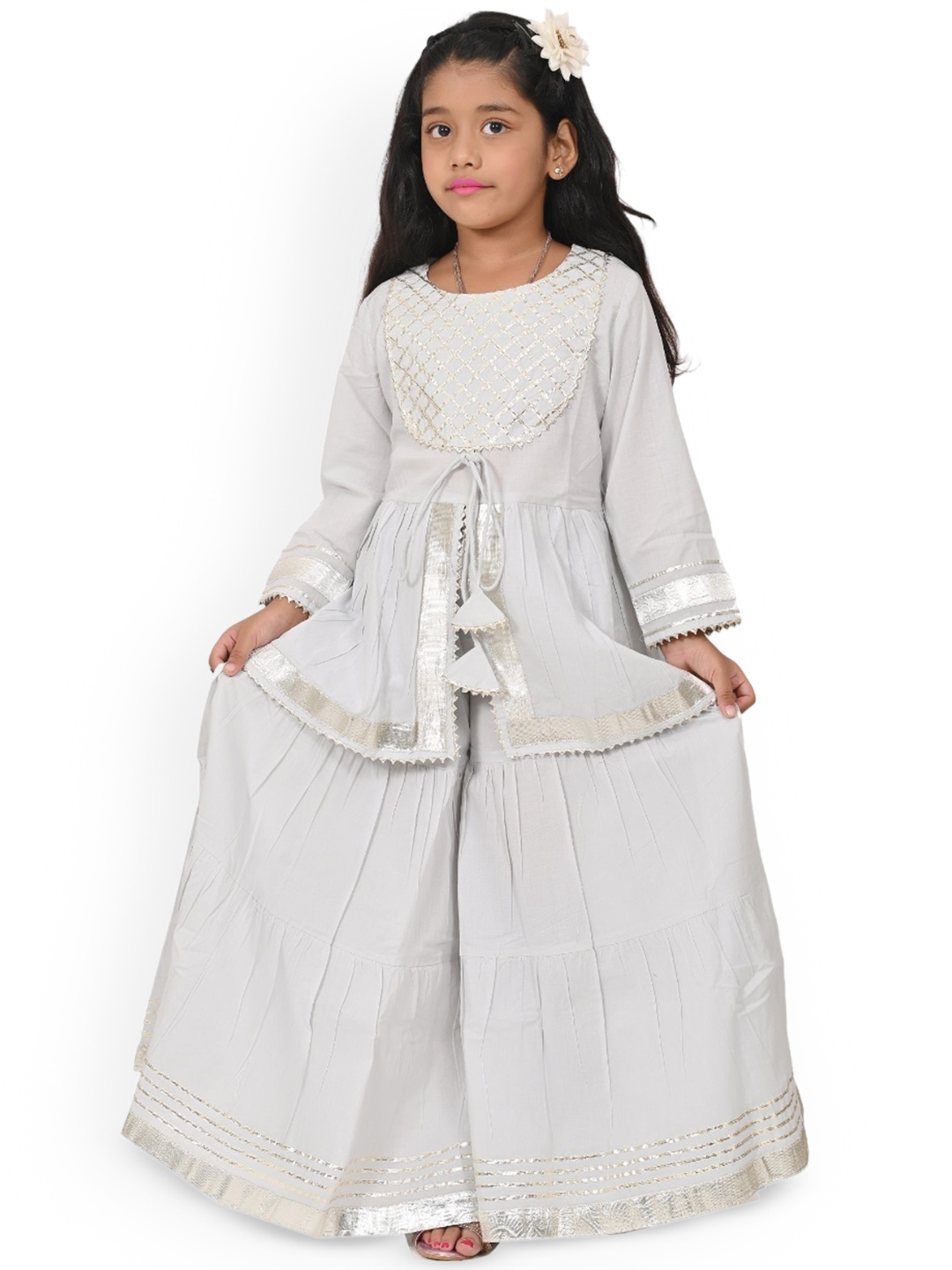 

Cloth Bites Girls Round Neck Long Sleeves Regular Gotta Patti A-Line Kurta With Sharara, Grey
