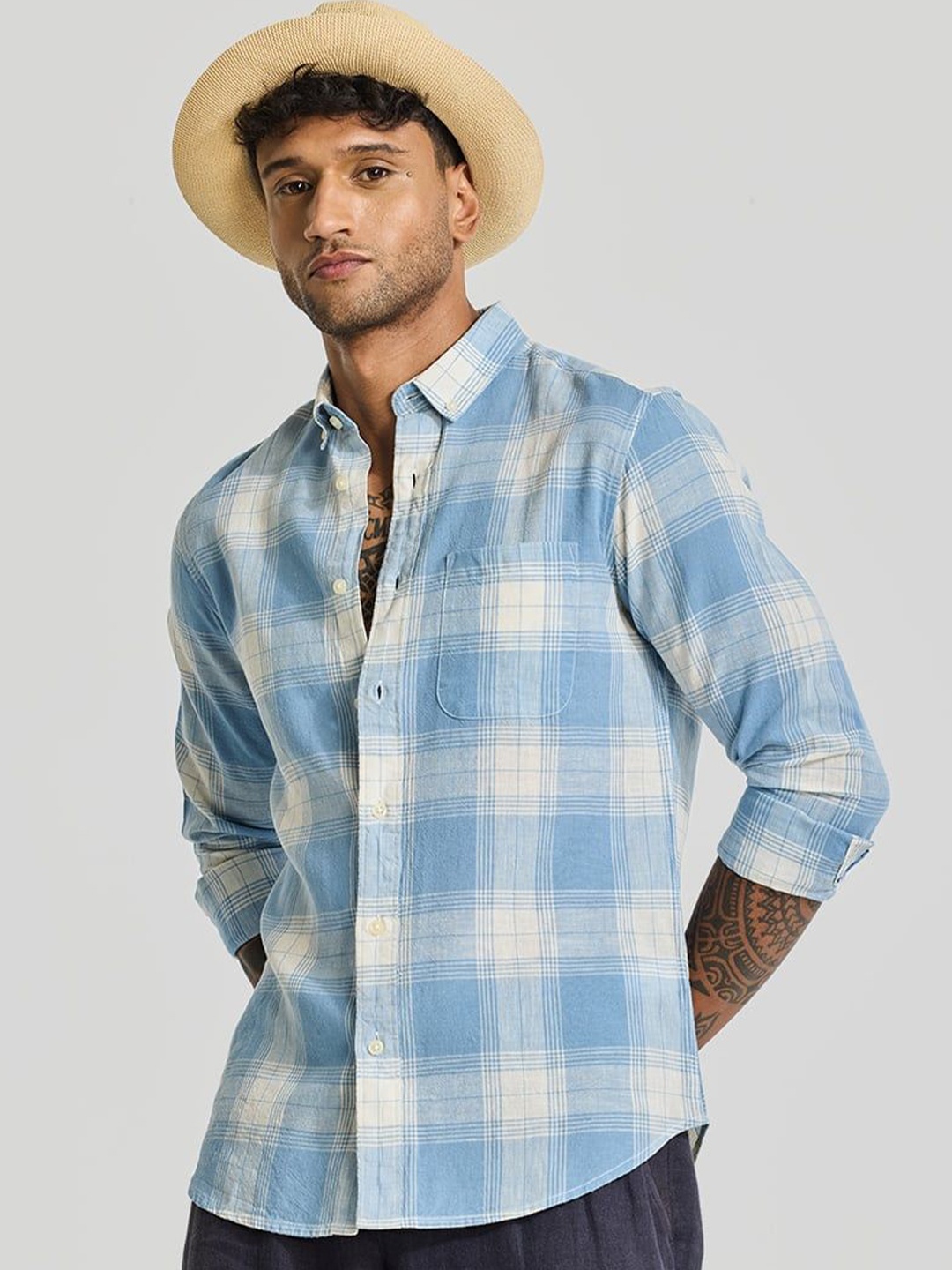 

Snitch Men Smart Button-Down Collar Tartan Checked Casual Shirt, Blue