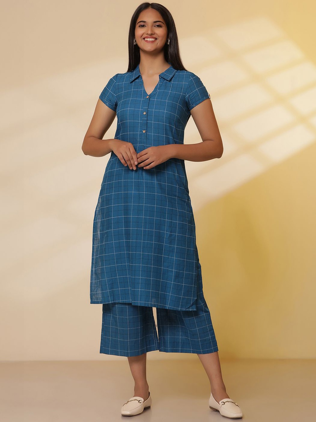 

AURELIA Checked Shirt Collar Pure Cotton Straight Kurta with Culotte, Blue