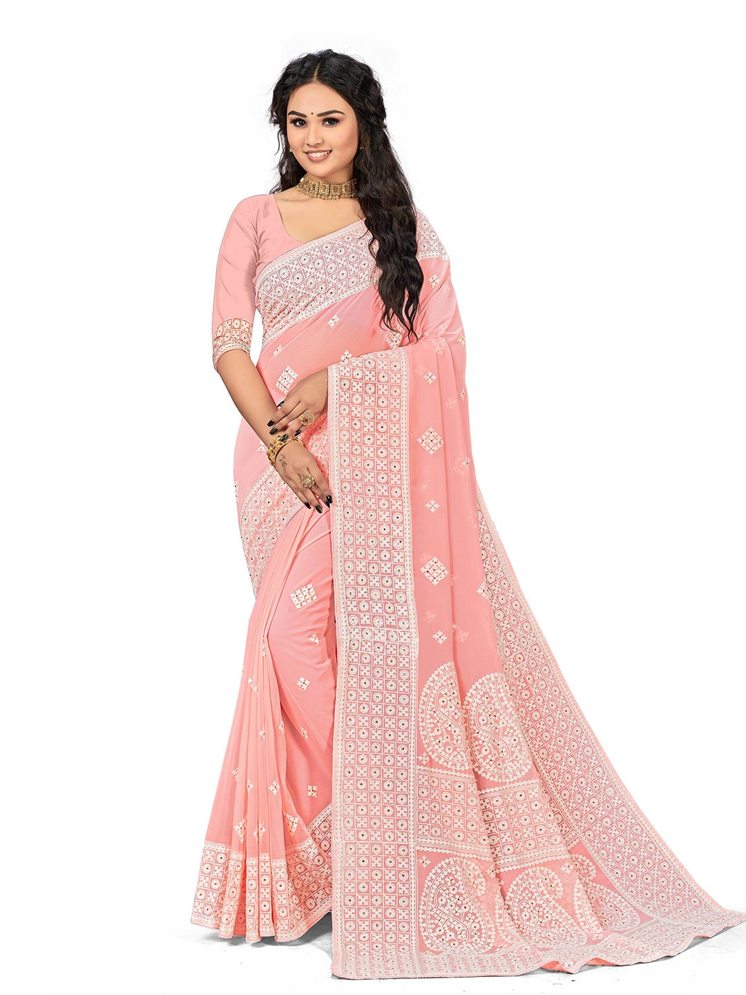 

Maroosh Floral Embroidered Saree with Blouse Piece, Pink