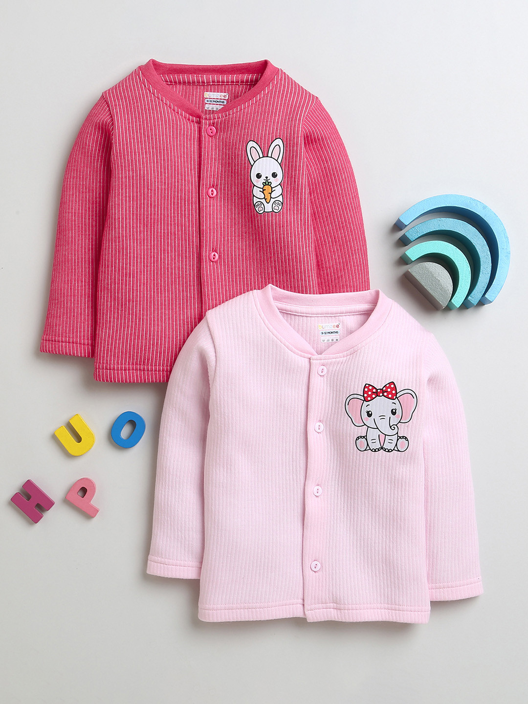 

BUMZEE Pack Of 2 Infants Girls Striped Cotton Thermal Tops, Pink