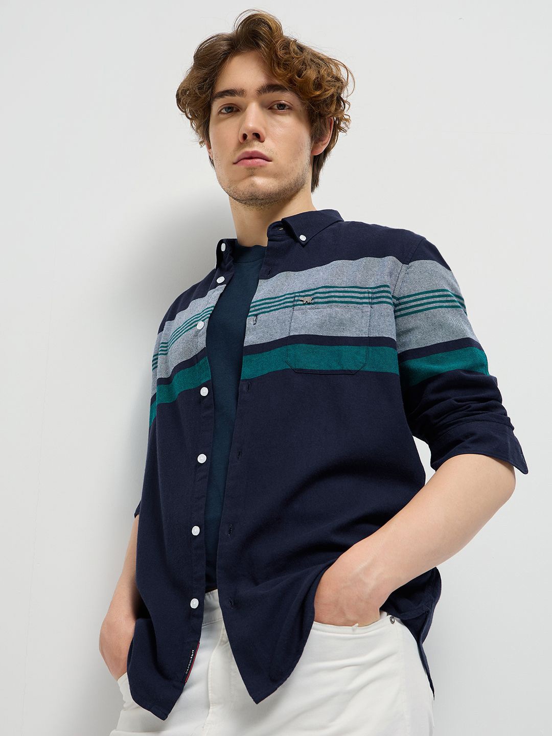 

THE BEAR HOUSE Men Slim Fit Striped Casual Shirt, Navy blue