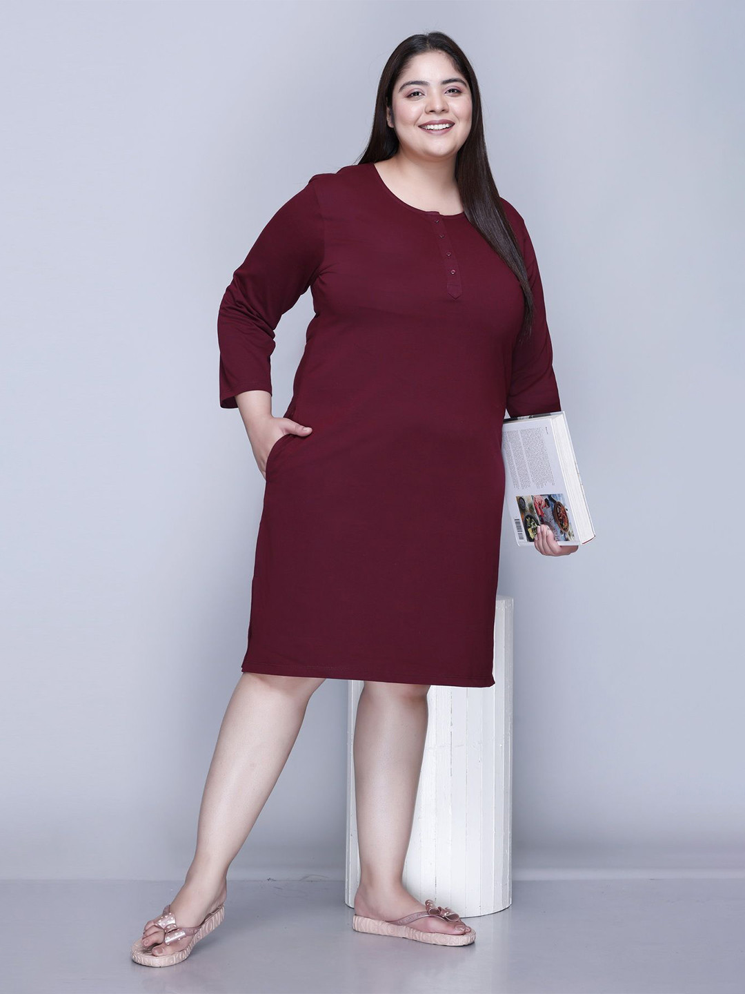 

IN Love Solid Pure Cotton Nightdress, Burgundy