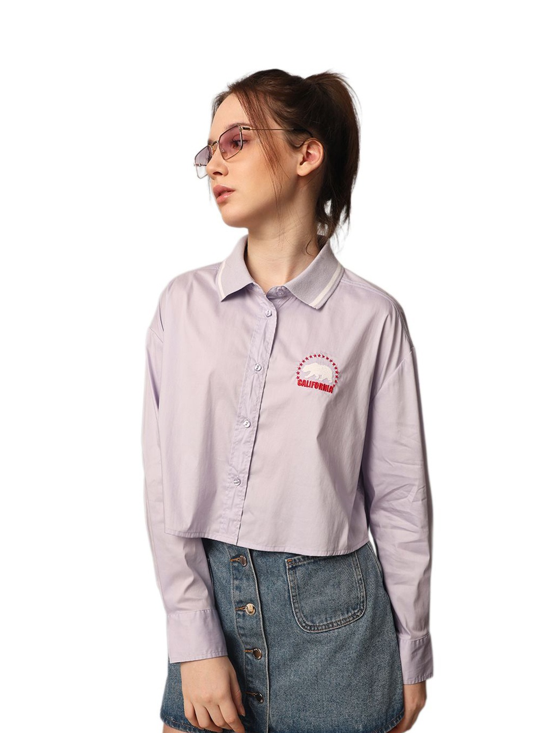 

ONLY Women Spread Collar Solid Boxy Casual Shirt, Purple