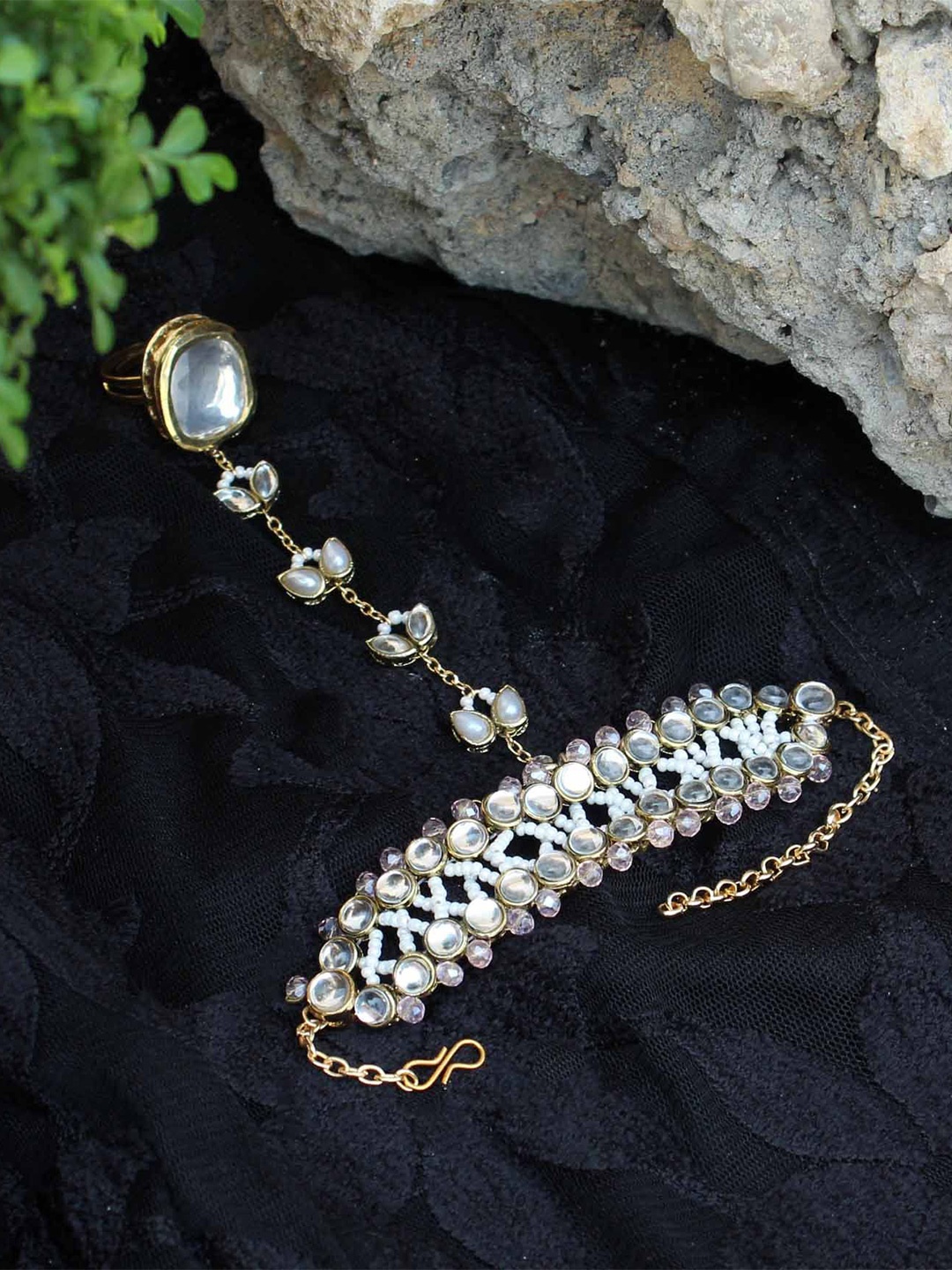 

BeAbhika Kundan Studded & Beaded Gold-Plated Wraparound Hand Chain Bracelet