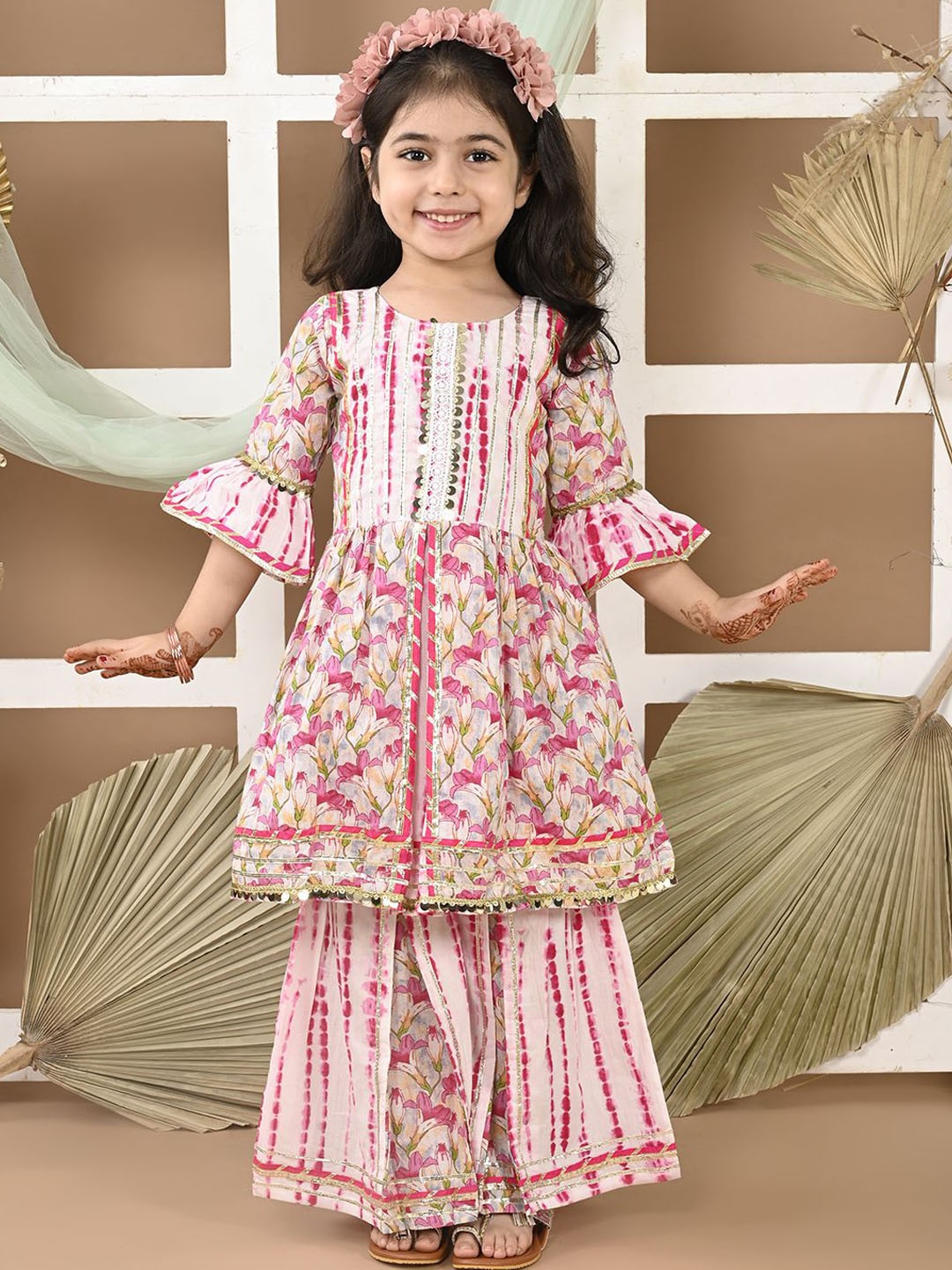 

LIL PITAARA Girls Floral Printed Bell Sleeves Pure Cotton A-Line Kurta with Sharara, Pink