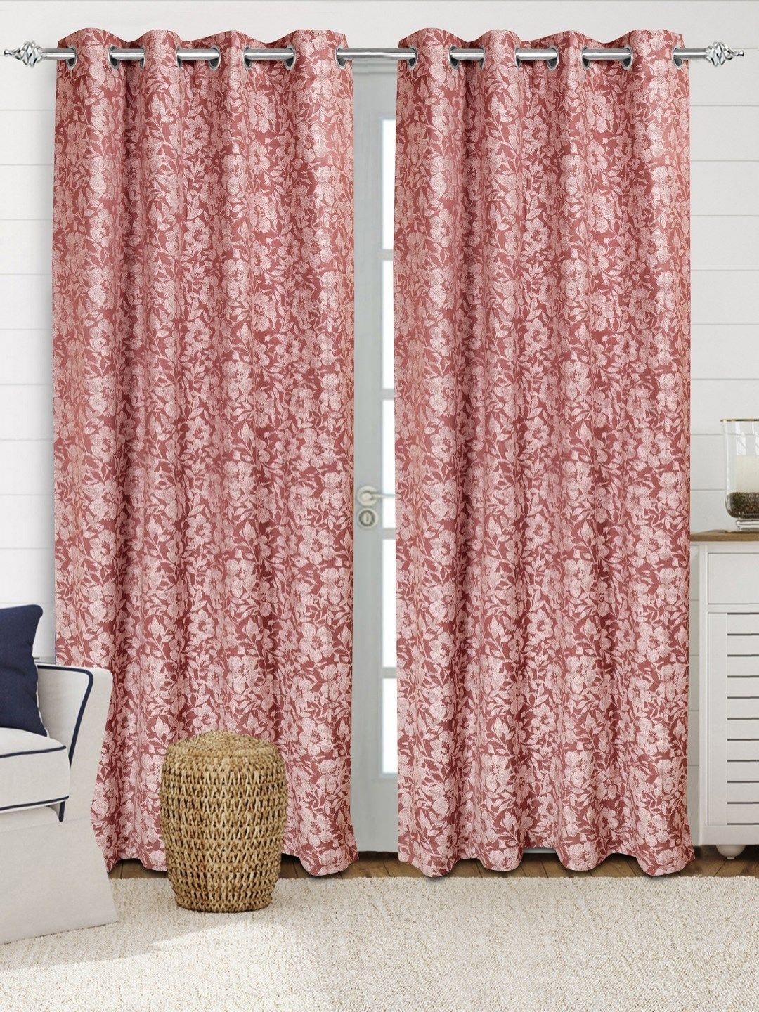 

Saral Home Mauve 2 Pieces Floral Woven Design Cotton Room Darkening Long Door Curtains