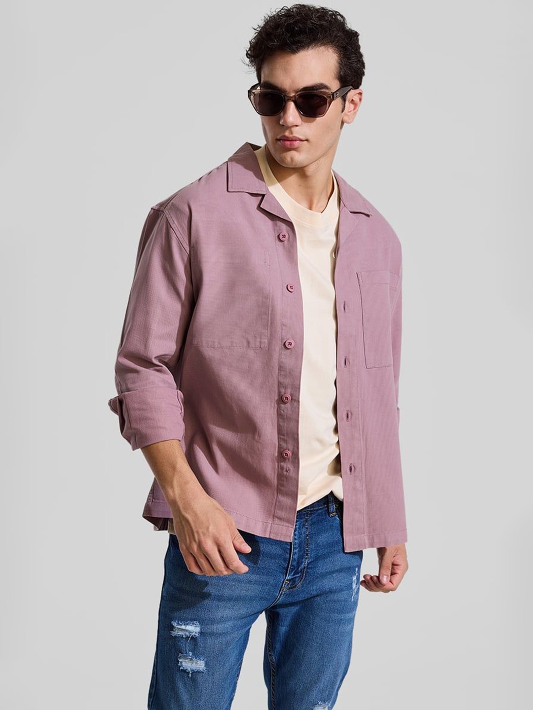 

Snitch Men Smart Cuban Collar Solid Cotton Casual Shirt, Purple