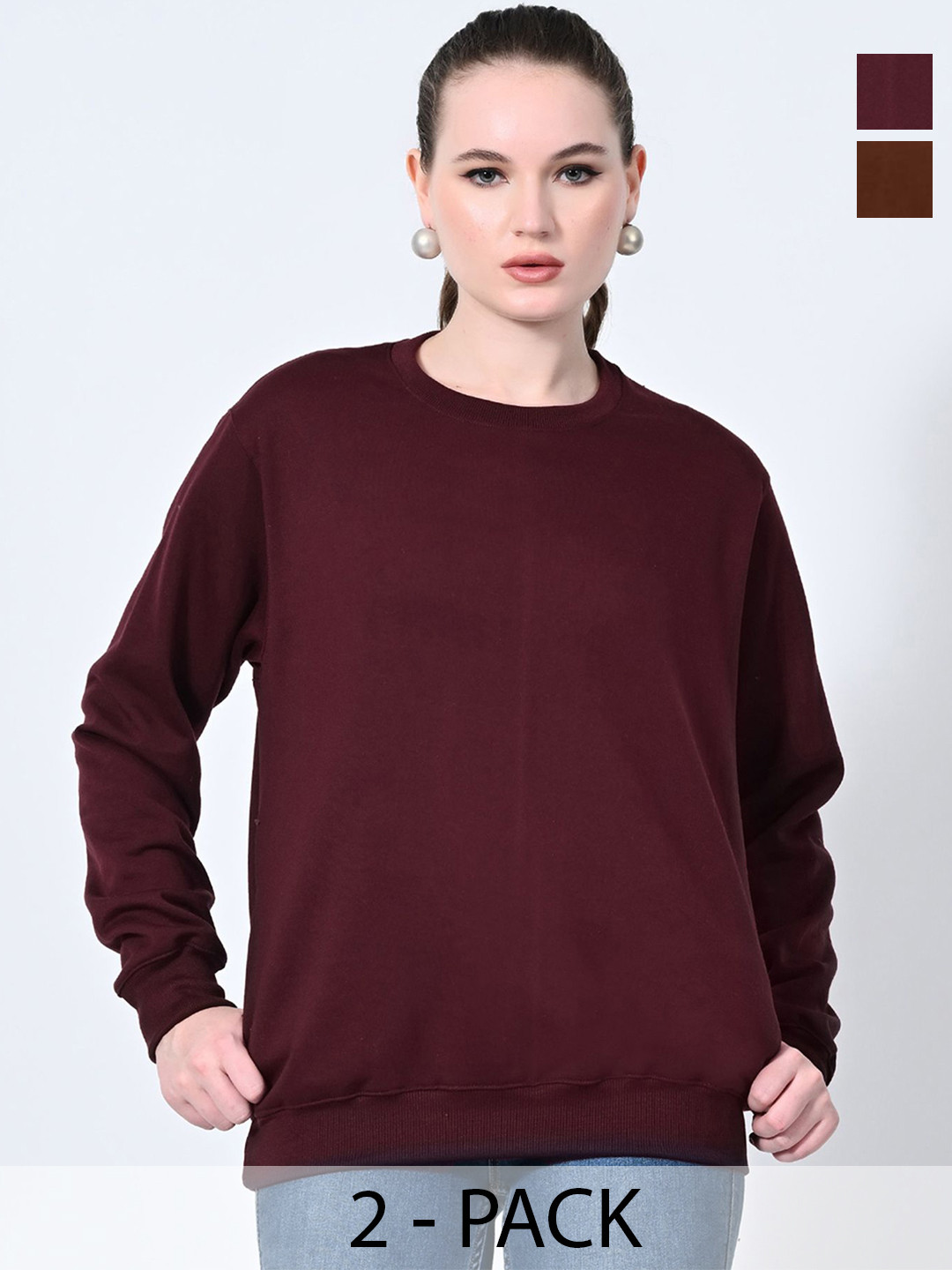 

BAESD Women Pack Of 2 Solid Round Neck Fleece Pullover Sweatshirts, Maroon