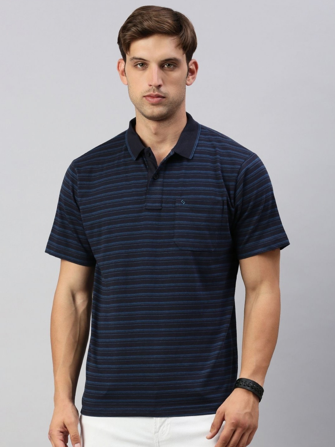 

Classic Polo Men Striped Polo Collar Cotton T-shirt, Navy blue