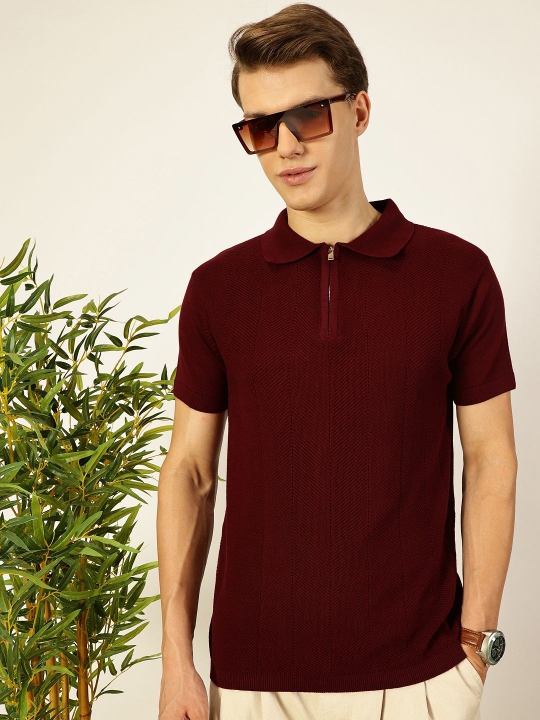 

Thomas Scott Men Bio Finish Self Design Polo Collar Cotton T-shirt, Maroon