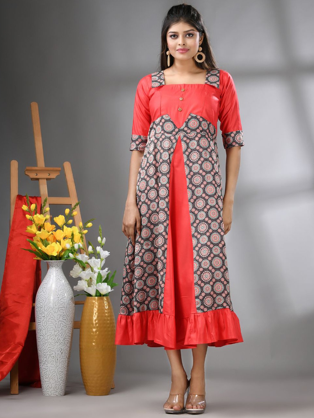 

Charukriti Printed A-Line Ethnic Dress, Red