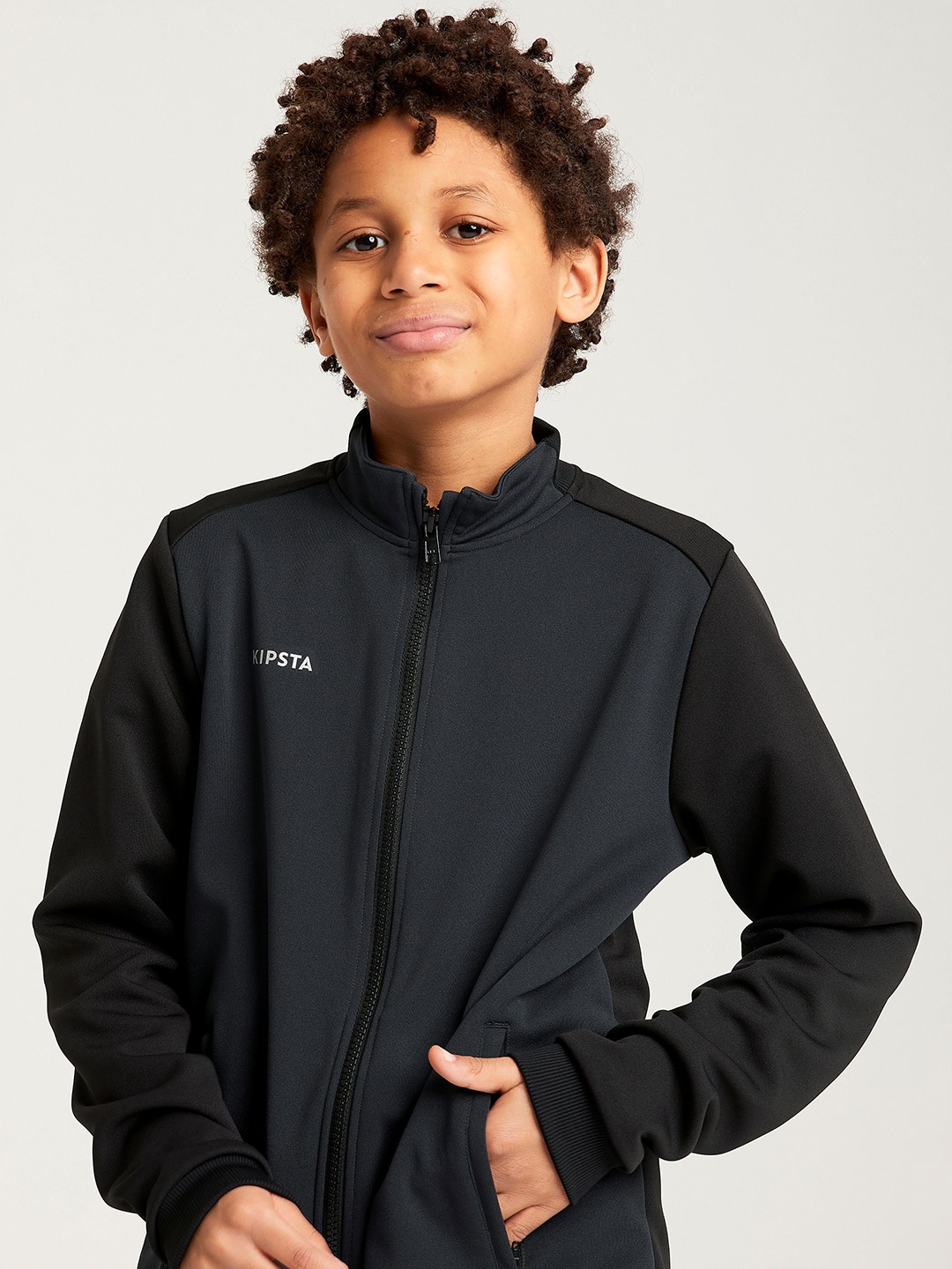 

Kipsta By Decathlon Boys Mock Collar Long Sleeves Black Essential Sport Tracksuit Jacket