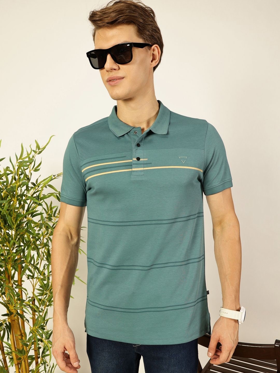 

Thomas Scott Men Striped Polo Collar Cotton T-shirt, Teal