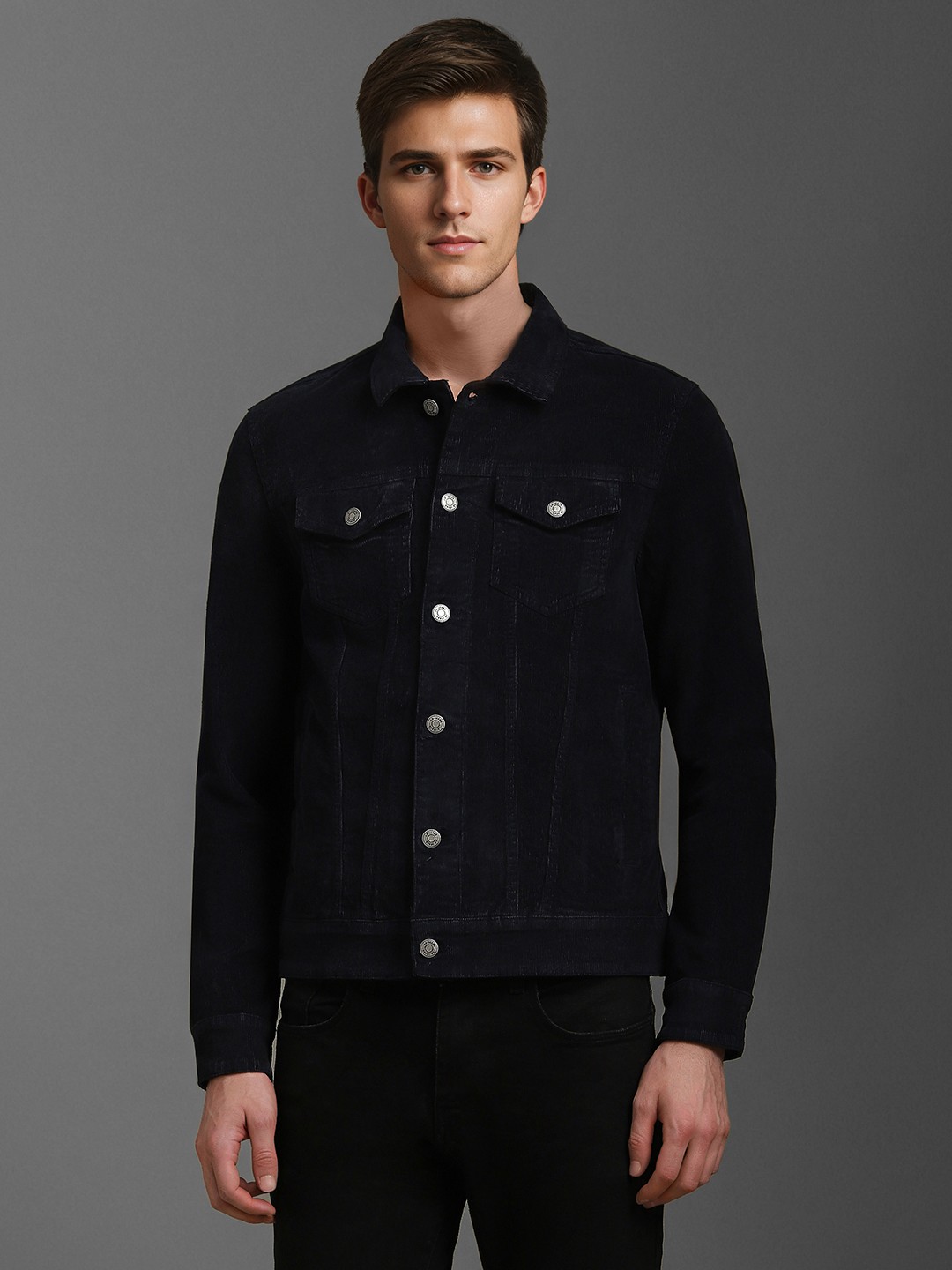 

Louis Philippe Jeans Men Solid Pure Cotton Jacket, Black