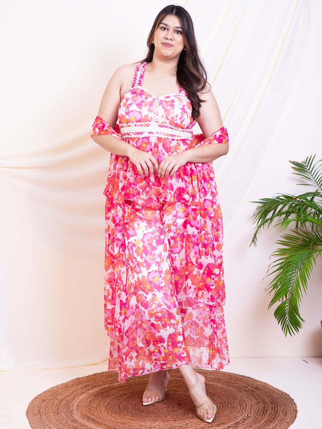 

DEEBACO Printed Sleeveless Top & Trouser With Dupatta Co-Ords, Pink